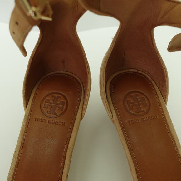 Tory Burch Womens Savannah Wedge Sandal Suede Ankle Strap Buckle Tan Size 10.5 - Picture 4 of 9